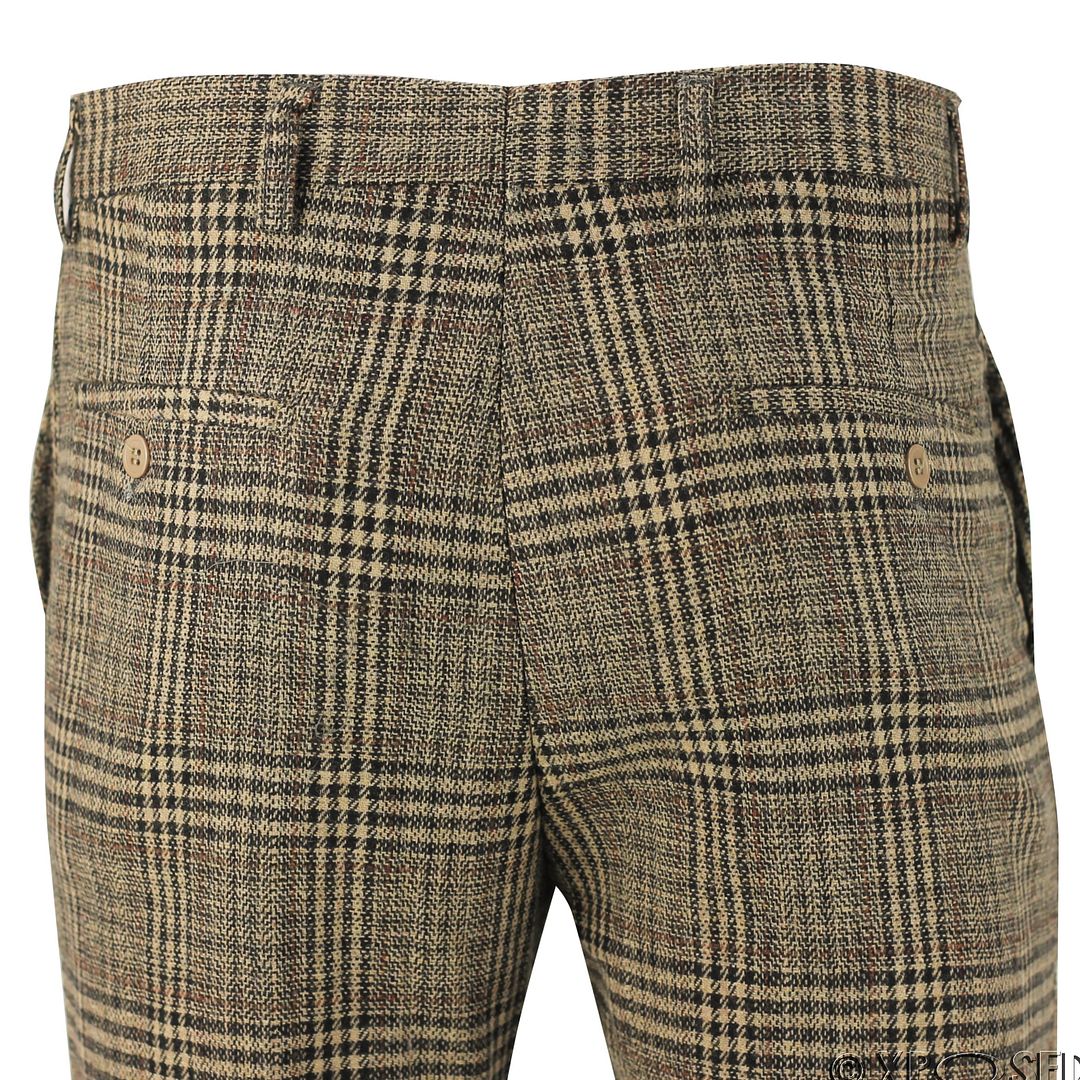 Mens Brown Grey Tweed Checks Slim Fit Trousers Herringbone Classic